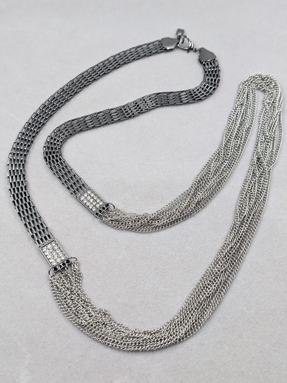 Jennifer Lopez JLo Gunmetal Silver Tone Multi Strand Crystal Necklace | 0020